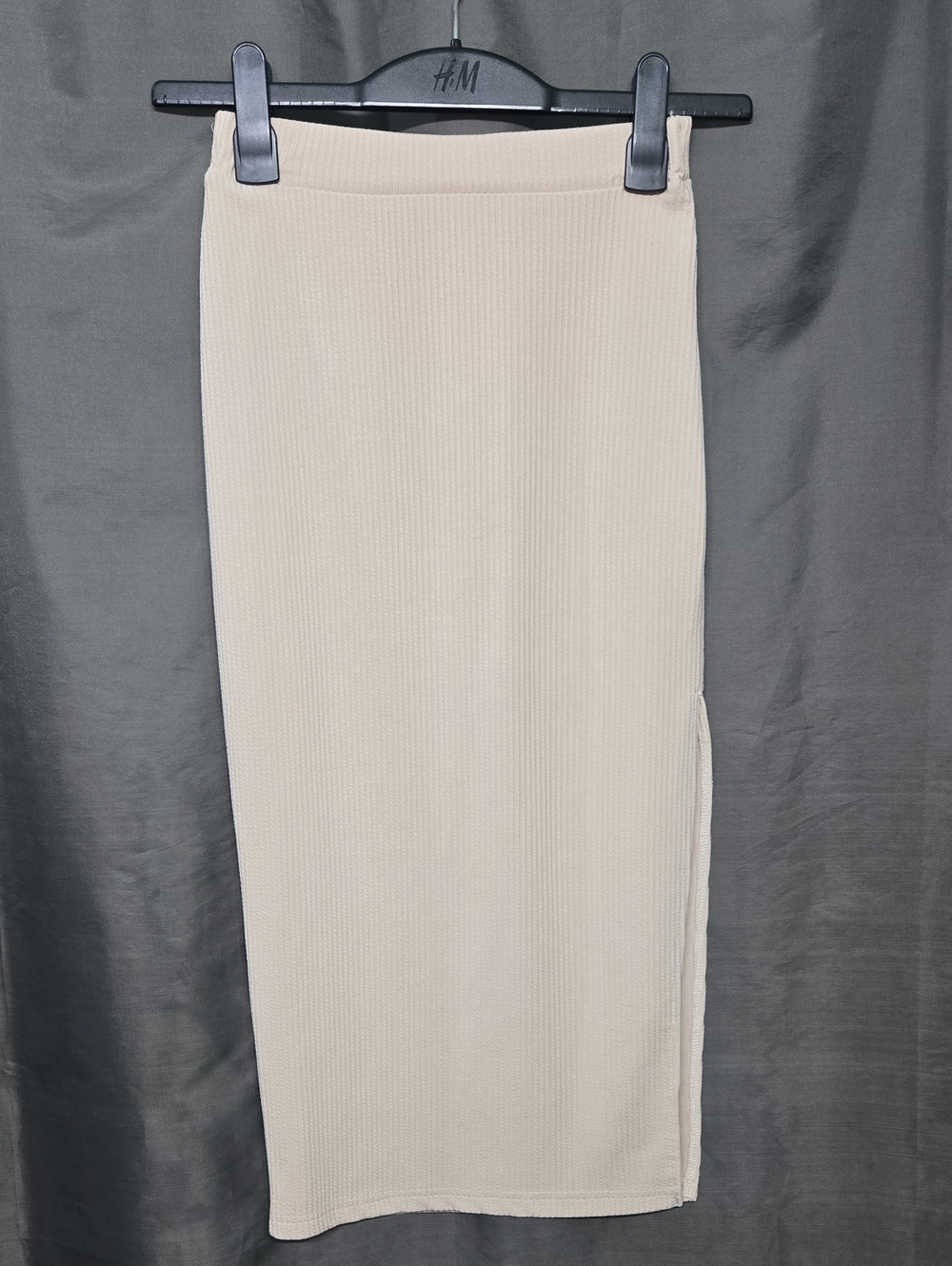 Cream Ribbed Pencil Midi Skirt with Side Slit